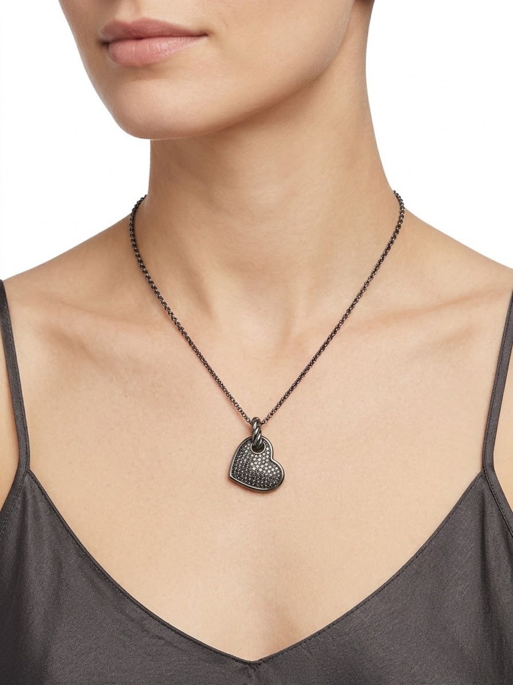 Heart Pavé Pendant Necklace in Blackened Silver